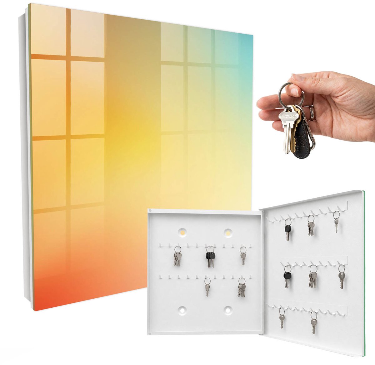 WallMuralia - Sleutelkast - 30x30x5 cm - met 50 haken - Kleurrijk Verloop Sleutelkastje Design - Oranje Sleutelbox - Rechtsopenend - Wit interieur