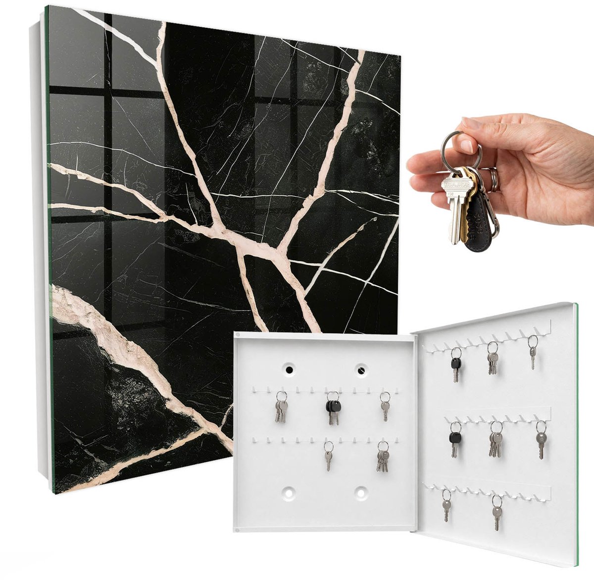 WallMuralia - Sleutelkast - 30x30x5 cm - met 50 haken - Dynamische Structuur Sleutelkastje Muur - Zwart Sleutelbox - Rechtsopenend - Wit interieur