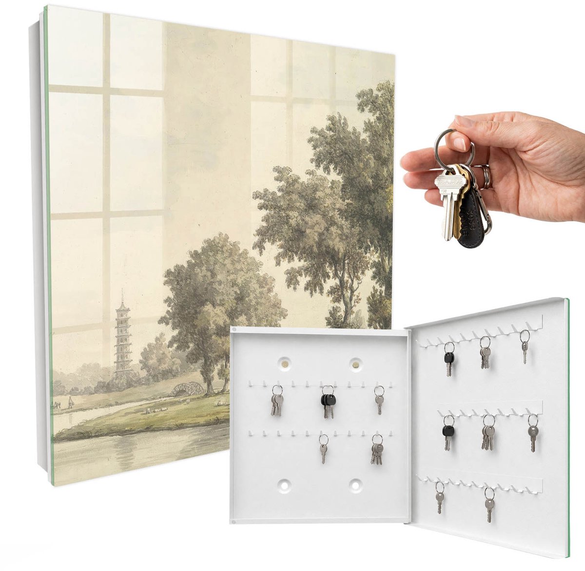 WallMuralia - Sleutelkast - 30x30x5 cm - met 50 haken - Park Met Een Pagode Groot Sleutelkastje - Groente Sleutelbox - Rechtsopenend - Wit interieur