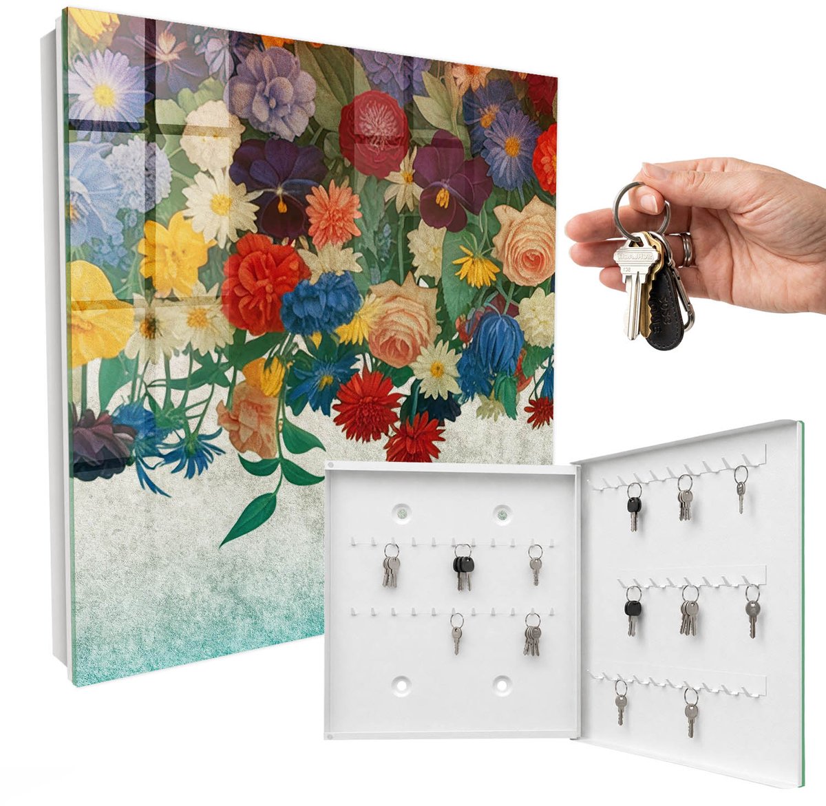 WallMuralia - Sleutelkast - 30x30x5 cm - met 50 haken - Bloemenparadijs Sleutelkastje Hal - Groente Sleutelbox - Rechtsopenend - Wit interieur