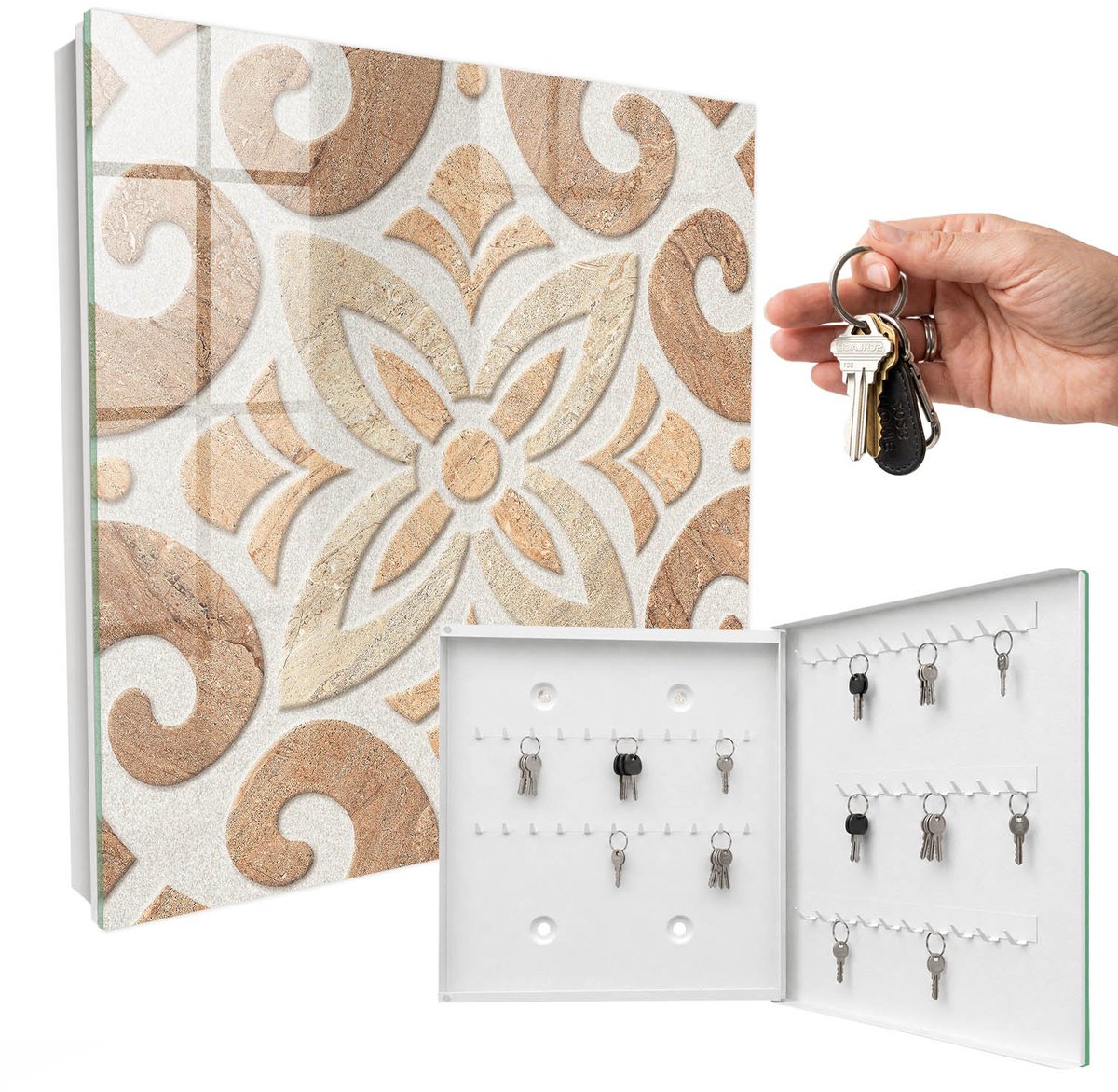 WallMuralia - Sleutelkast - 30x30x5 cm - met 50 haken - Beige Elegantie Leuk Sleutelkastje - Beige Sleutelbox - Rechtsopenend - Wit interieur