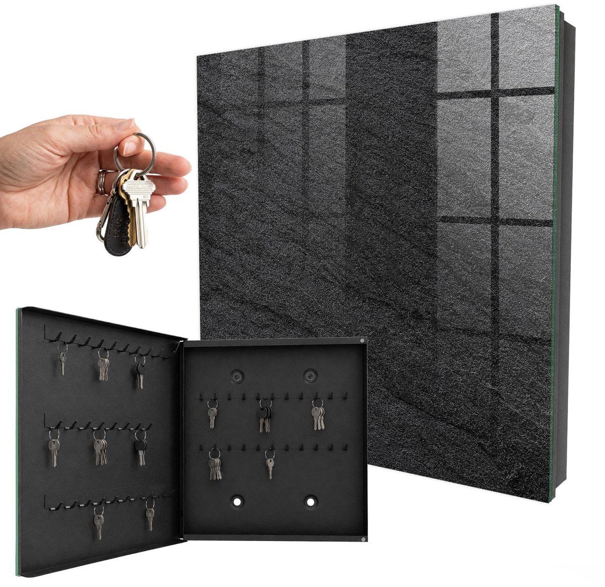 WallMuralia - Sleutelkast - 30x30x5 cm - met 50 haken - Grijze Steen Sleutelkastje Design - Zwart Sleutelbox - Linksopenend - Zwart interieur