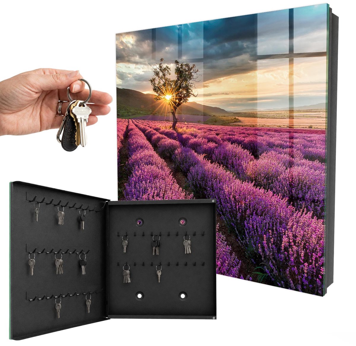 WallMuralia - Sleutelkast - 30x30x5 cm - met 50 haken - Lavendelzonsondergang Sleutelkastje Design - Paars Sleutelbox - Linksopenend - Zwart interieur