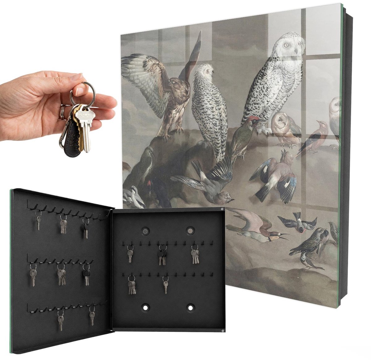 WallMuralia - Sleutelkast - 30x30x5 cm - met 50 haken - Vogels Op Een Rots Groot Sleutelkastje - Grijs Sleutelbox - Linksopenend - Zwart interieur