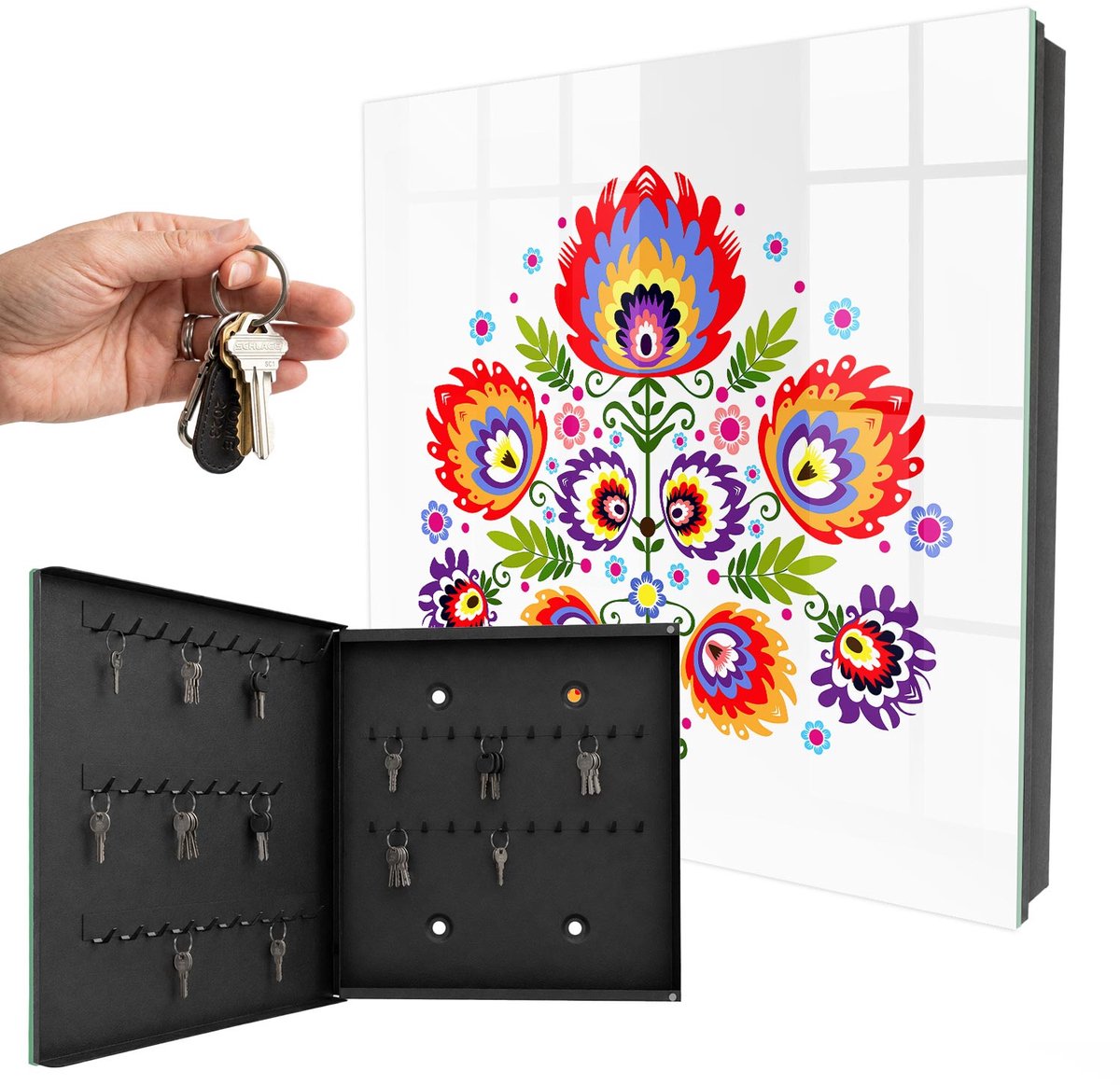 WallMuralia - Sleutelkast - 30x30x5 cm - met 50 haken - Volksbloemen Sleutelkastje Gang - Rood Sleutelbox - Linksopenend - Zwart interieur