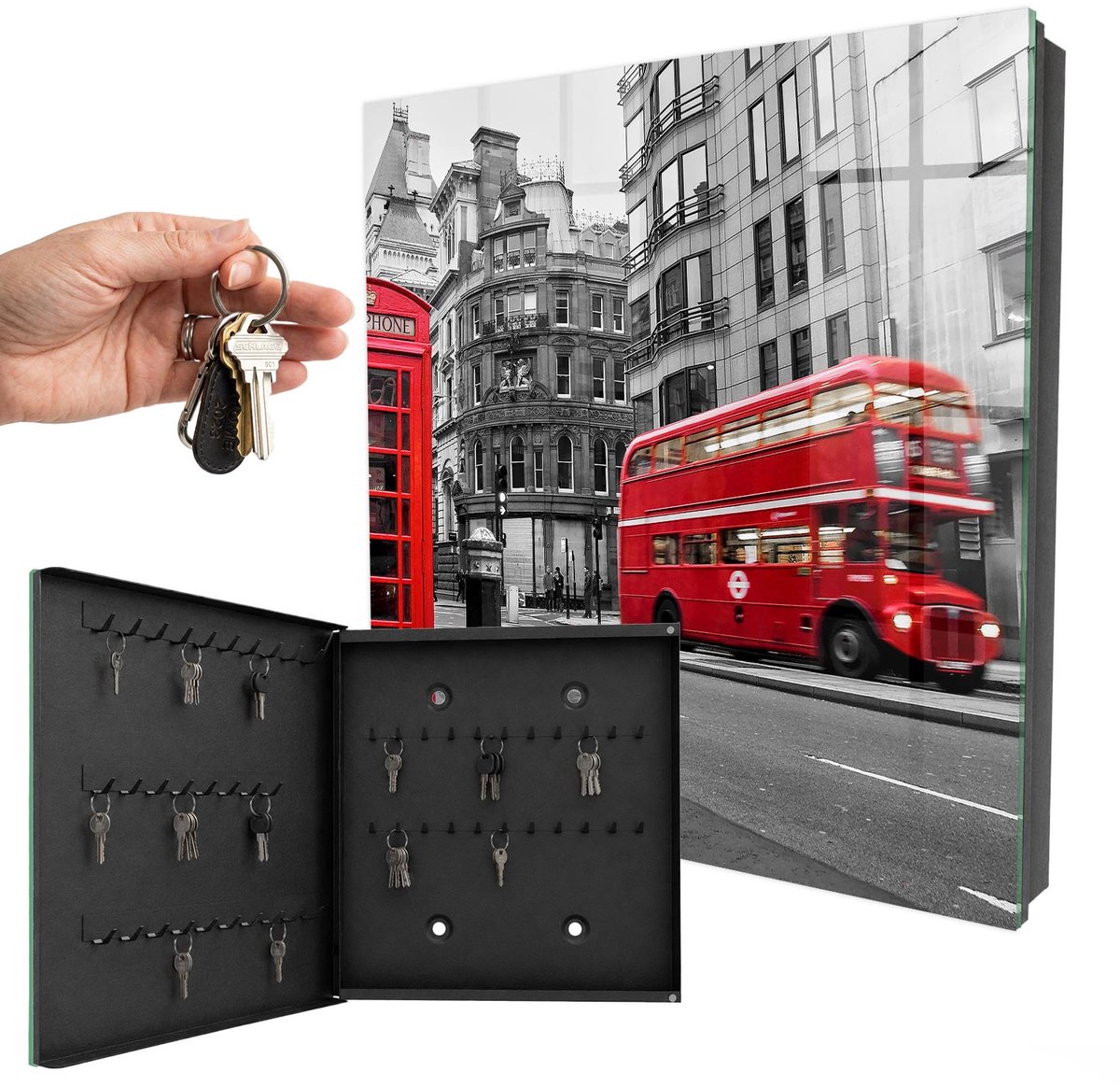 WallMuralia - Sleutelkast - 30x30x5 cm - met 50 haken - Londen Contrast Sleutelkastje Hal - Rood Sleutelbox - Linksopenend - Zwart interieur