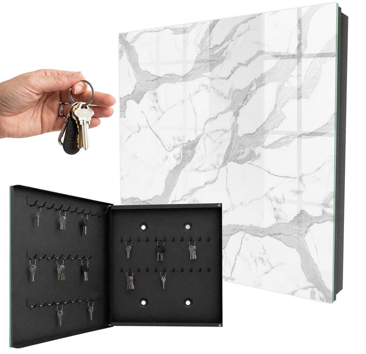WallMuralia - Sleutelkast - 30x30x5 cm - met 50 haken - Marmeren Elegantie Sleutelkastje Voor Binnen - Wit Sleutelbox - Linksopenend - Zwart interieur