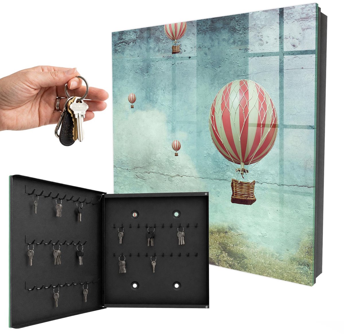 WallMuralia - Sleutelkast - 30x30x5 cm - met 50 haken - Luchtdromen Sleutelkastje Muur - Blauw Sleutelbox - Linksopenend - Zwart interieur