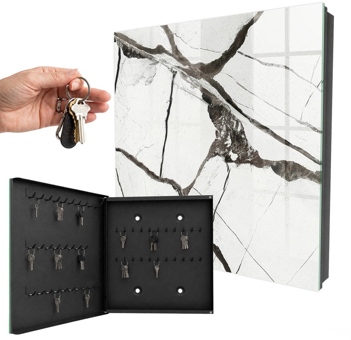 WallMuralia - Sleutelkast - 30x30x5 cm - met 50 haken - Stijlvol Minimalisme Sleutelkastje Voor Binnen - Wit Sleutelbox - Linksopenend - Zwart interieur