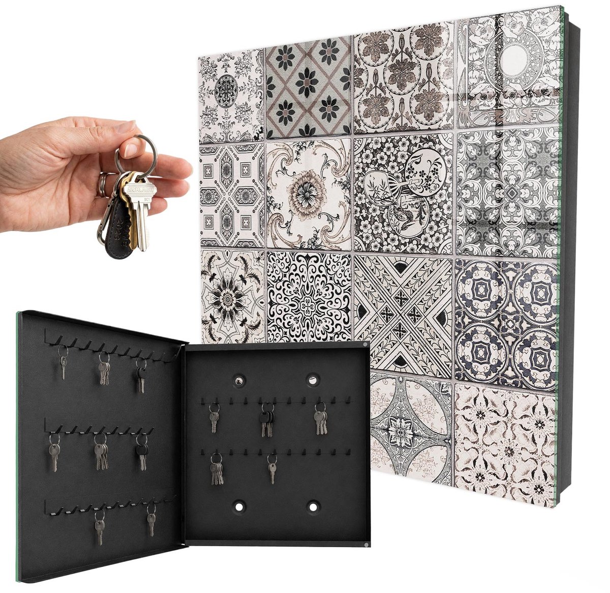 WallMuralia - Sleutelkast - 30x30x5 cm - met 50 haken - Stijlvolle Tegels Sleutelkastje Gang - Zwart Sleutelbox - Linksopenend - Zwart interieur