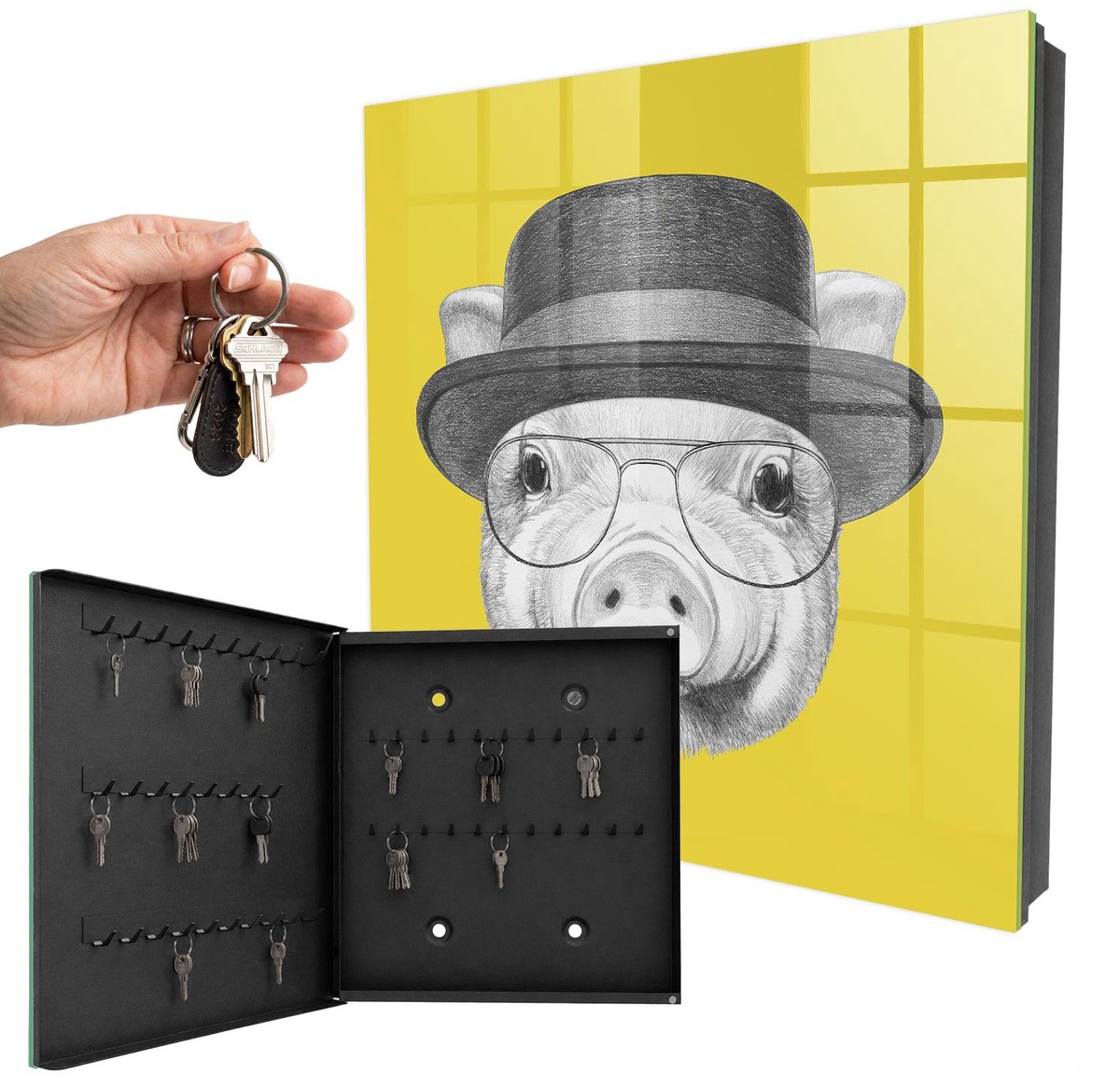 WallMuralia - Sleutelkast - 30x30x5 cm - met 50 haken - Gelukkig Varkentje Sleutelkastje Voor Binnen - Geel Sleutelbox - Linksopenend - Zwart interieur