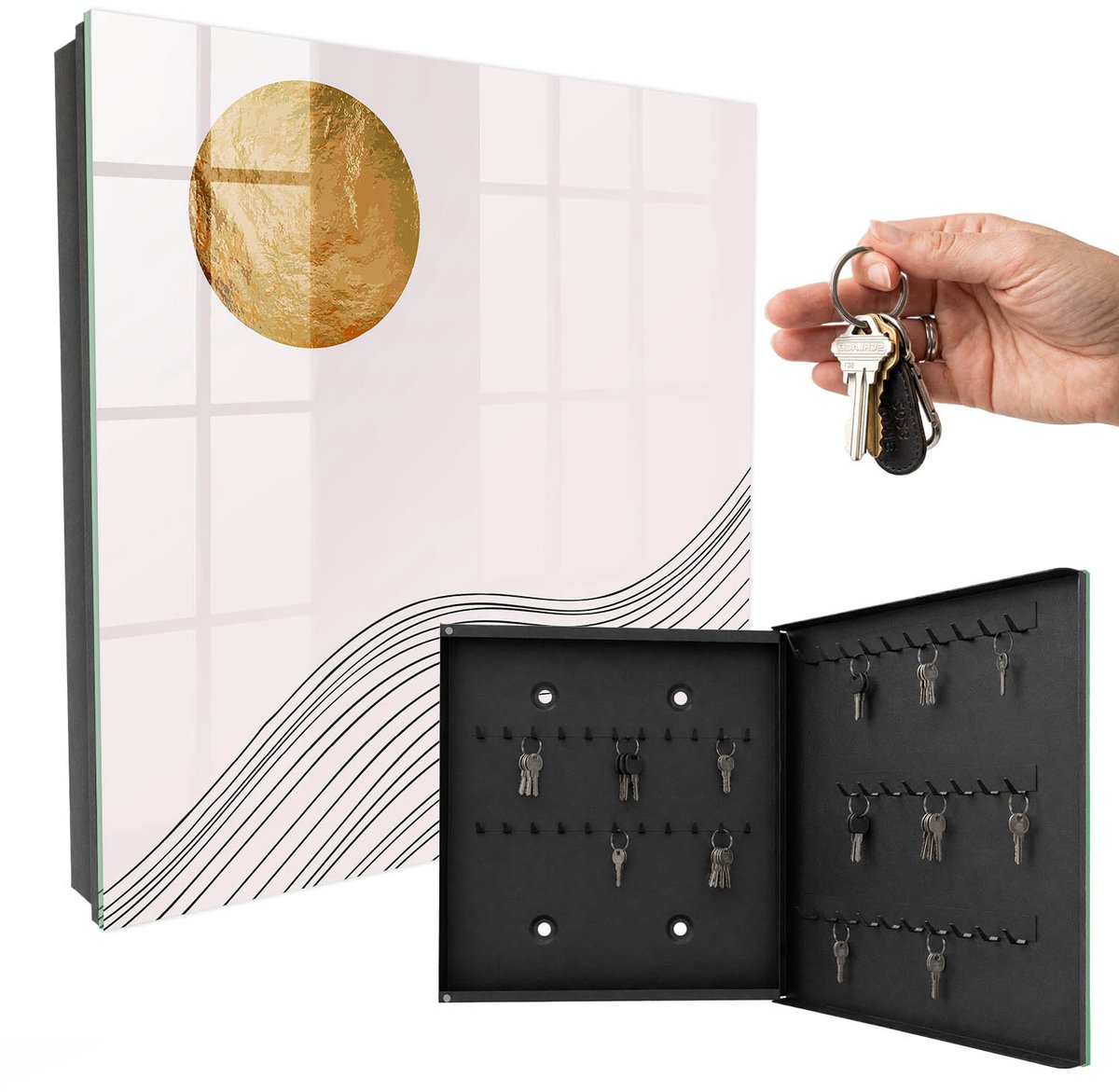 WallMuralia - Sleutelkast - 30x30x5 cm - met 50 haken - Golven En Cirkel Groot Sleutelkastje - Beige Sleutelbox - Rechtsopenend - Zwart interieur