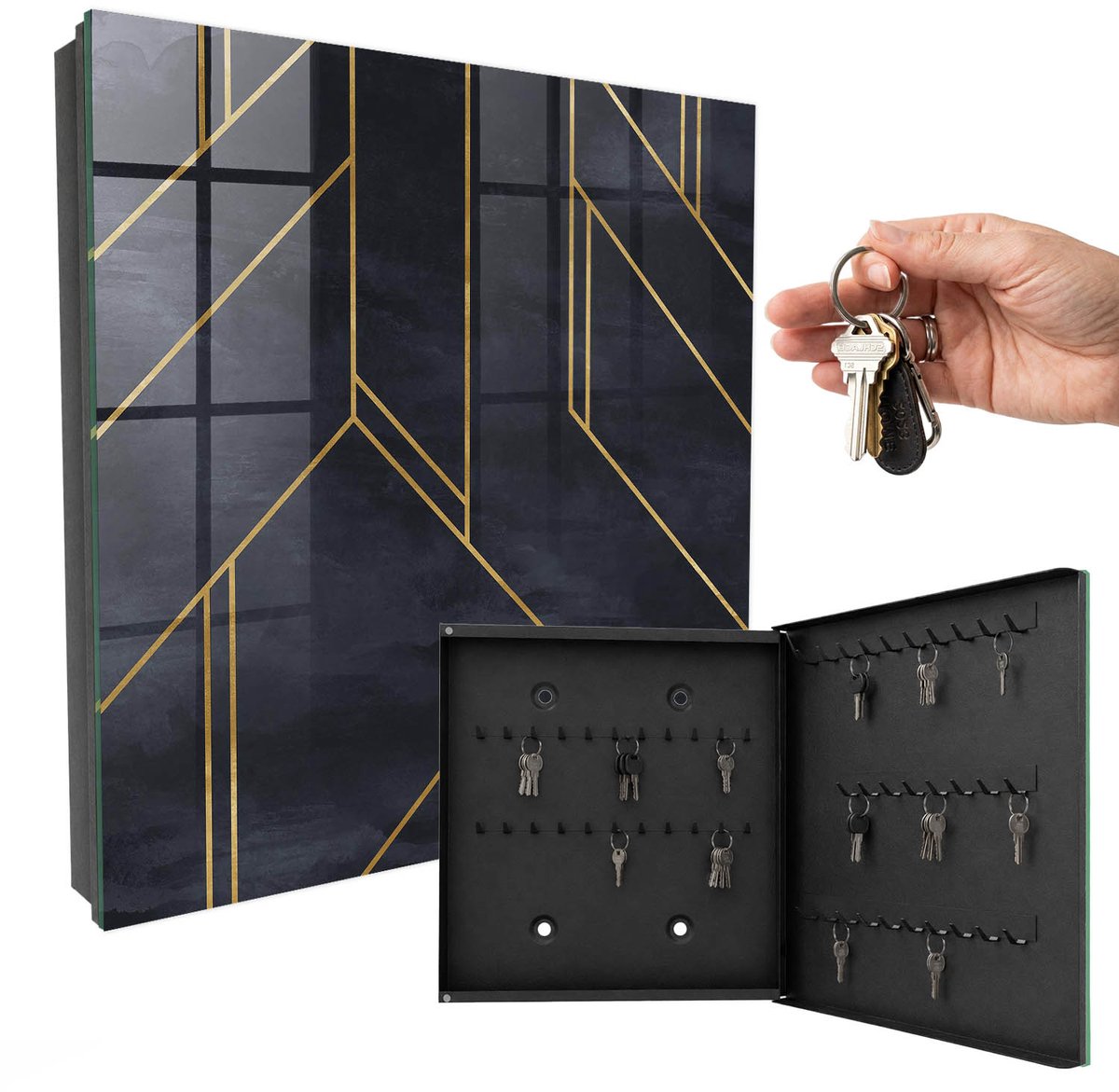 WallMuralia - Sleutelkast - 30x30x5 cm - met 50 haken - Geometrische Structuur Sleutelkastje Design - Zwart Sleutelbox - Rechtsopenend - Zwart interieur