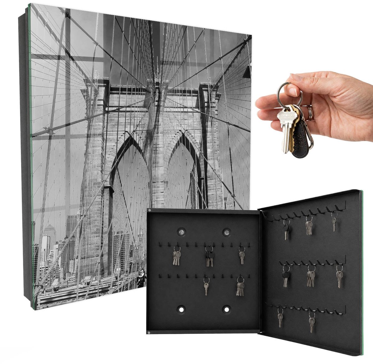 WallMuralia - Sleutelkast - 30x30x5 cm - met 50 haken - Iconische Brug Sleutelkastje Muur - Zwart-Wit Sleutelbox - Rechtsopenend - Zwart interieur