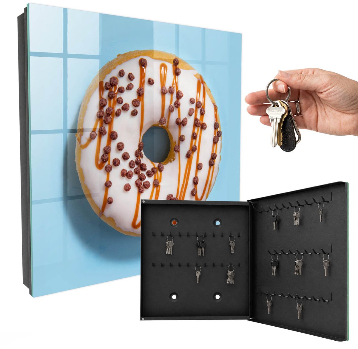 WallMuralia - Sleutelkast - 30x30x5 cm - met 50 haken - Zoete Verleiding Sleutelkastje Klein - Blauw Sleutelbox - Rechtsopenend - Zwart interieur