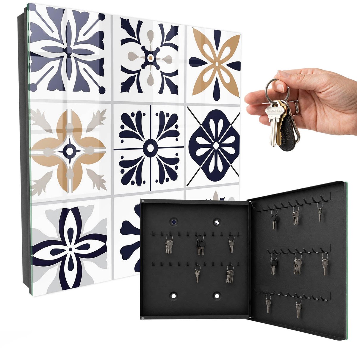 WallMuralia - Sleutelkast - 30x30x5 cm - met 50 haken - Geometrische Patronen Sleutelkastje Huis - Zwart Sleutelbox - Rechtsopenend - Zwart interieur