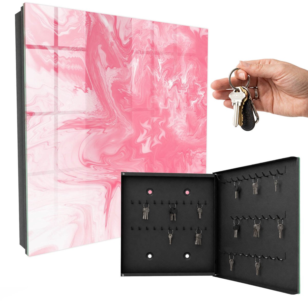 WallMuralia - Sleutelkast - 30x30x5 cm - met 50 haken - Roze Zephyr Sleutelkastje Landelijk - Roze Sleutelbox - Rechtsopenend - Zwart interieur