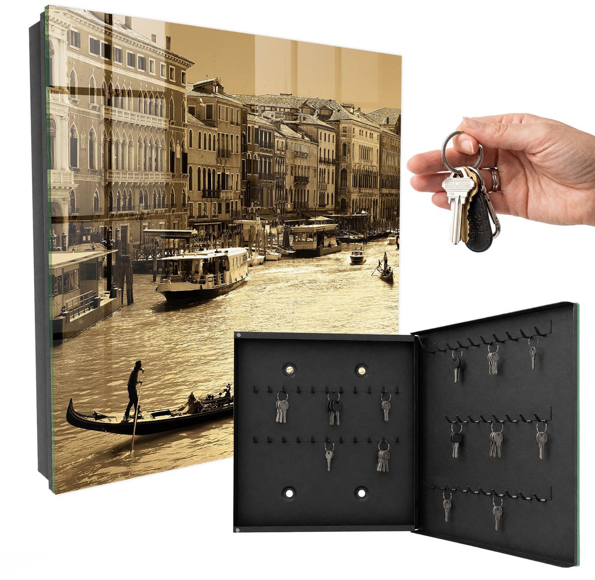 WallMuralia - Sleutelkast - 30x30x5 cm - met 50 haken - Stedelijke Charme Sleutelkastje Design - Geel Sleutelbox - Rechtsopenend - Zwart interieur