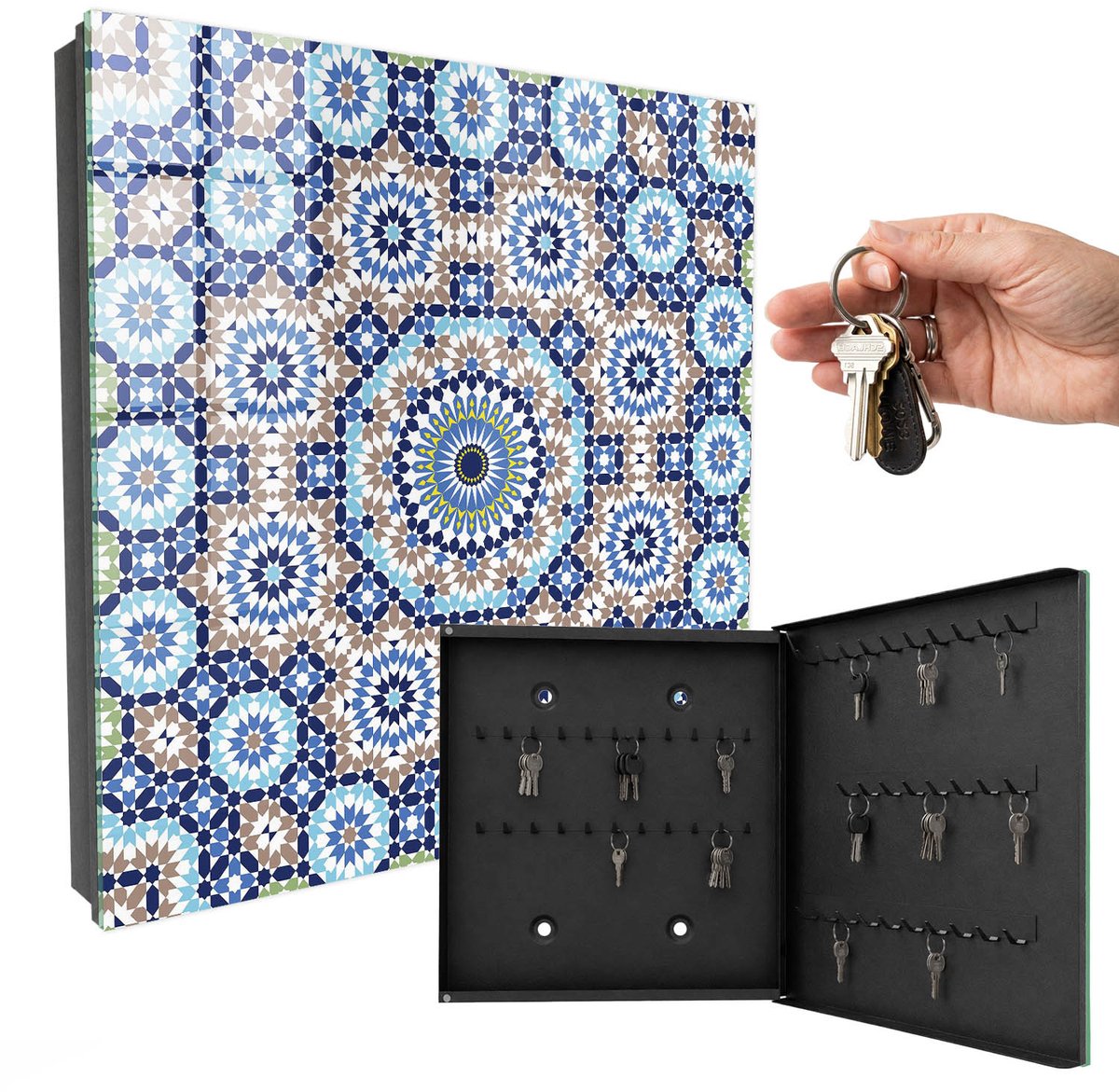 WallMuralia - Sleutelkast - 30x30x5 cm - met 50 haken - Oosterse Mozaïek Groot Sleutelkastje - Blauw Sleutelbox - Rechtsopenend - Zwart interieur