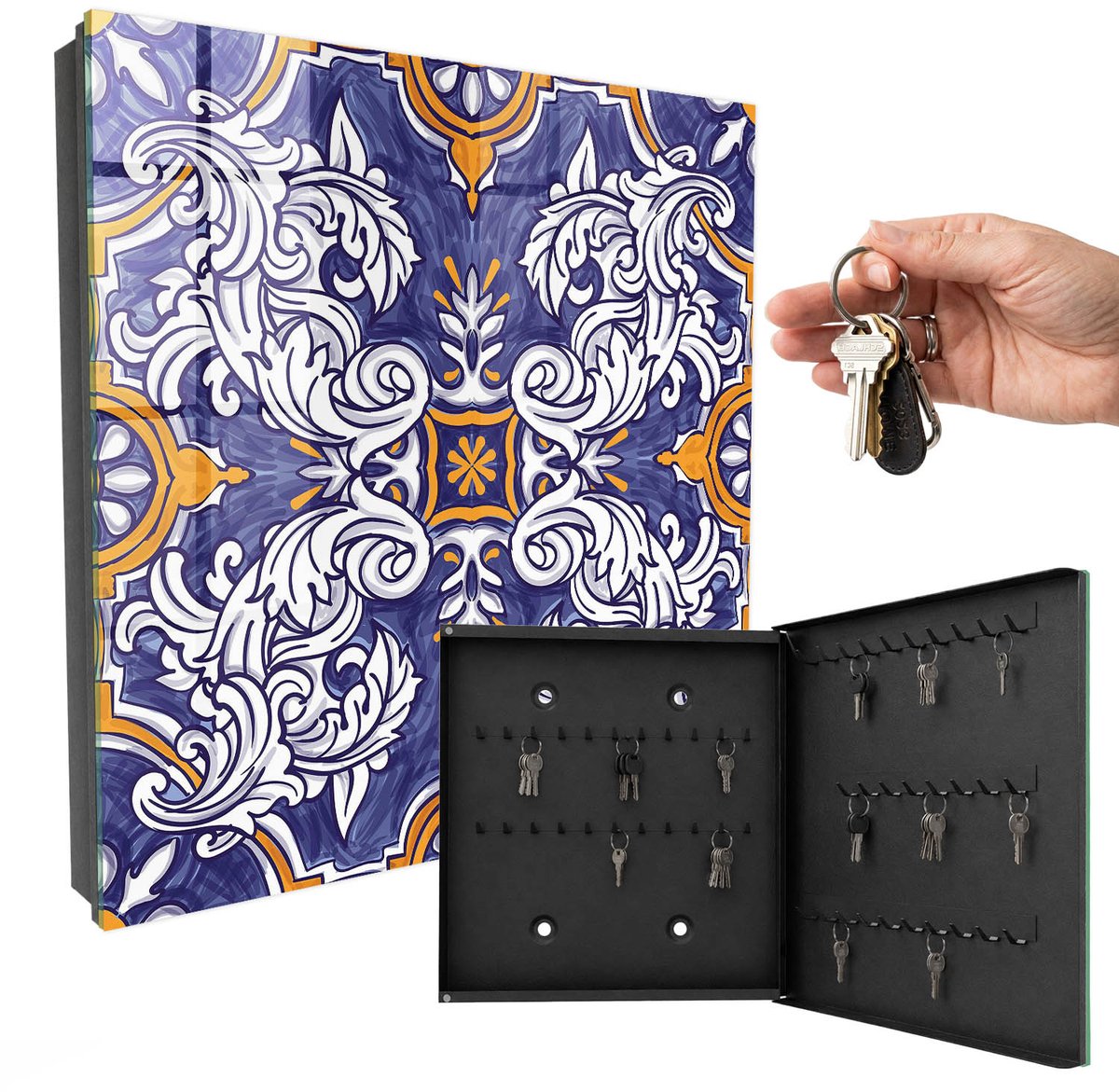 WallMuralia - Sleutelkast - 30x30x5 cm - met 50 haken - Plantenornament Sleutelkastje Binnen - Blauw Sleutelbox - Rechtsopenend - Zwart interieur