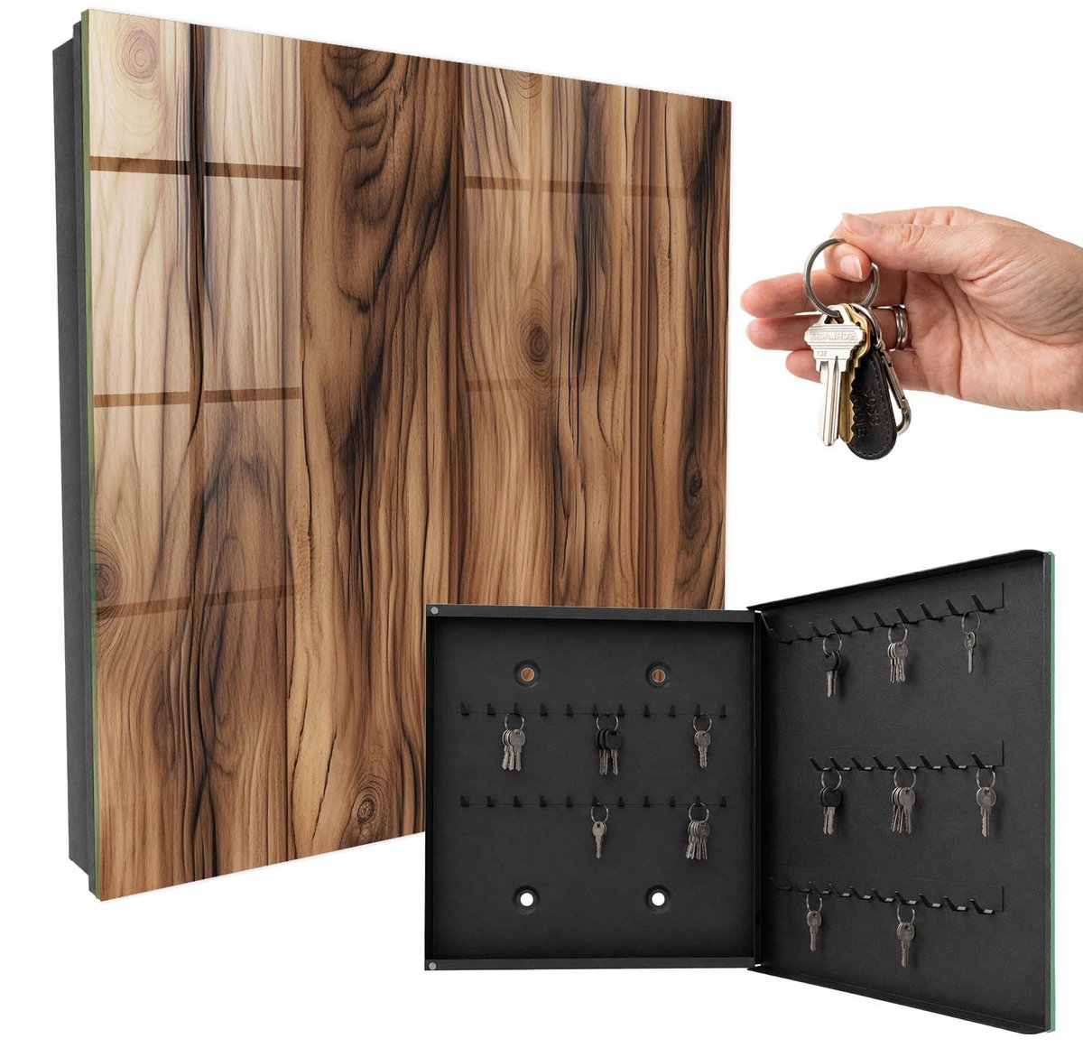 WallMuralia - Sleutelkast - 30x30x5 cm - met 50 haken - Houtstructuur Sleutelkastje Voor Binnen - Zwart Sleutelbox - Rechtsopenend - Zwart interieur
