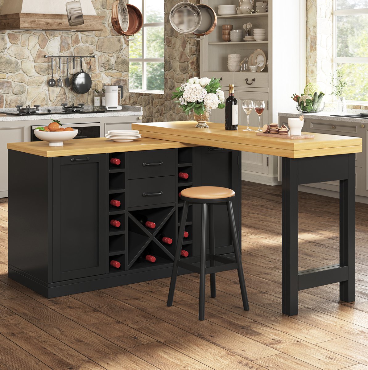 MIVRAY Keukeneiland - 360 Draaibaar En Uitschuifbaar Met Opbergruimte - Voor Keuken En Eetkamer - MDF Metaal - Zwart - 223 Cm