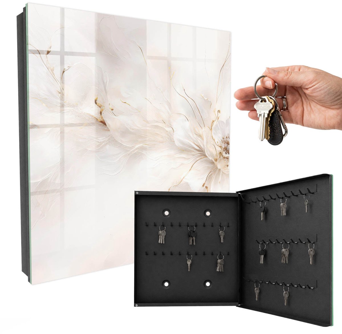 WallMuralia - Sleutelkast - 30x30x5 cm - met 50 haken - Elegante Bloem Sleutelkastje - Romig Sleutelbox - Rechtsopenend - Zwart interieur