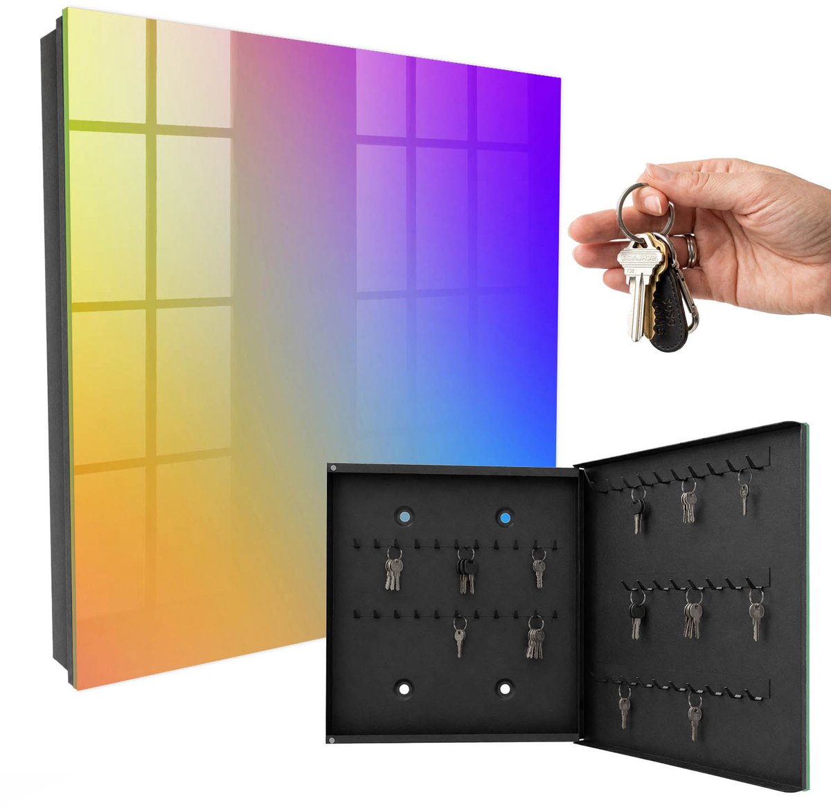 WallMuralia - Sleutelkast - 30x30x5 cm - met 50 haken - Kleurrijk Verloop Sleutelkastje Klein - Geel Sleutelbox - Rechtsopenend - Zwart interieur