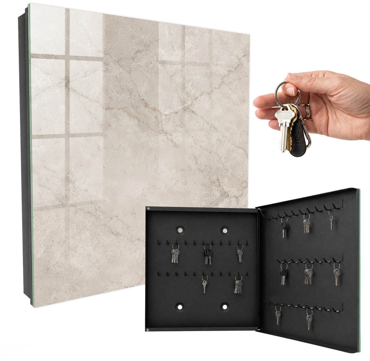 WallMuralia - Sleutelkast - 30x30x5 cm - met 50 haken - Subtiele Elegantie Sleutelkastje Industrieel - Beige Sleutelbox - Rechtsopenend - Zwart interieur