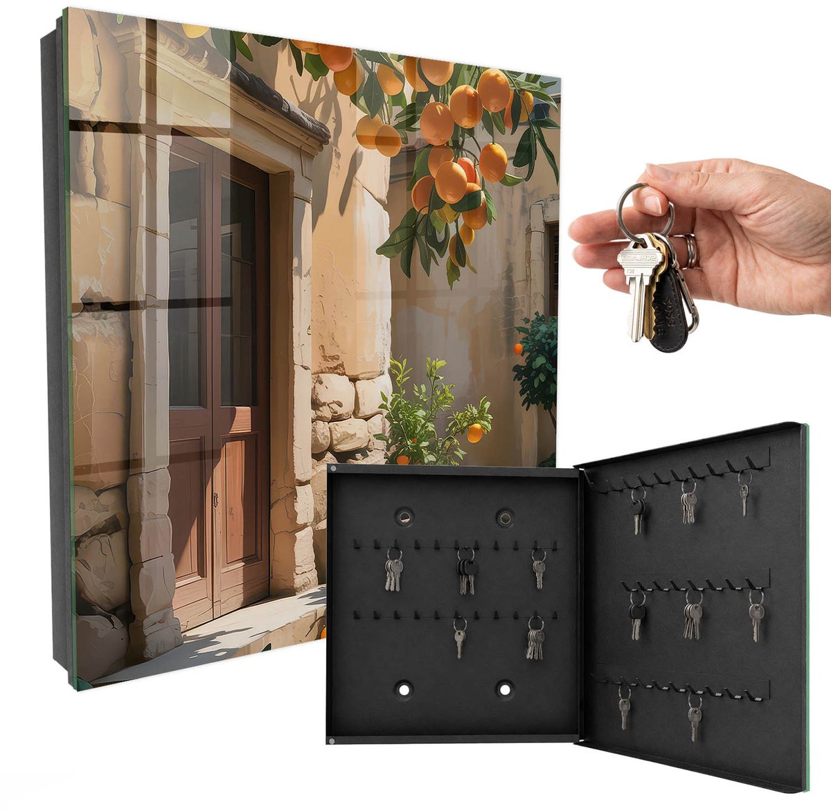 WallMuralia - Sleutelkast - 30x30x5 cm - met 50 haken - Oranje Toevluchtsoord Sleutelkastje Hal - Oranje Sleutelbox - Rechtsopenend - Zwart interieur