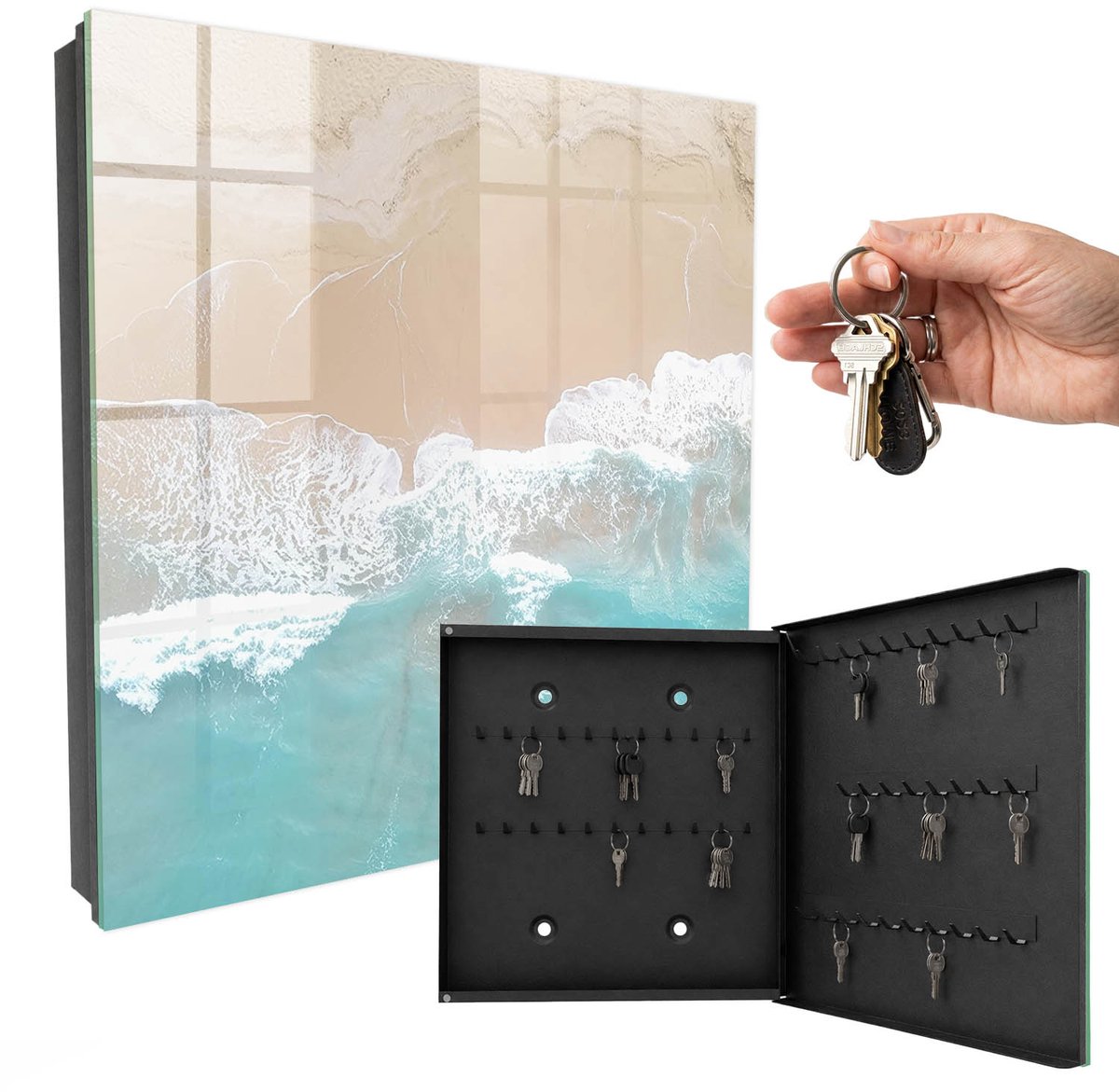 WallMuralia - Sleutelkast - 30x30x5 cm - met 50 haken - Ontspanning Aan Het Strand Sleutelkastje Voor Binnen - Turkoois Sleutelbox - Rechtsopenend - Zwart interieur
