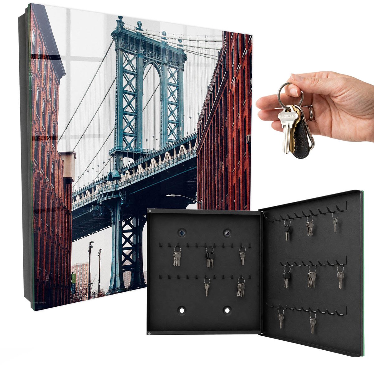 WallMuralia - Sleutelkast - 30x30x5 cm - met 50 haken - Stadsbrug Sleutelkastje Voor Binnen - Rood Sleutelbox - Rechtsopenend - Zwart interieur