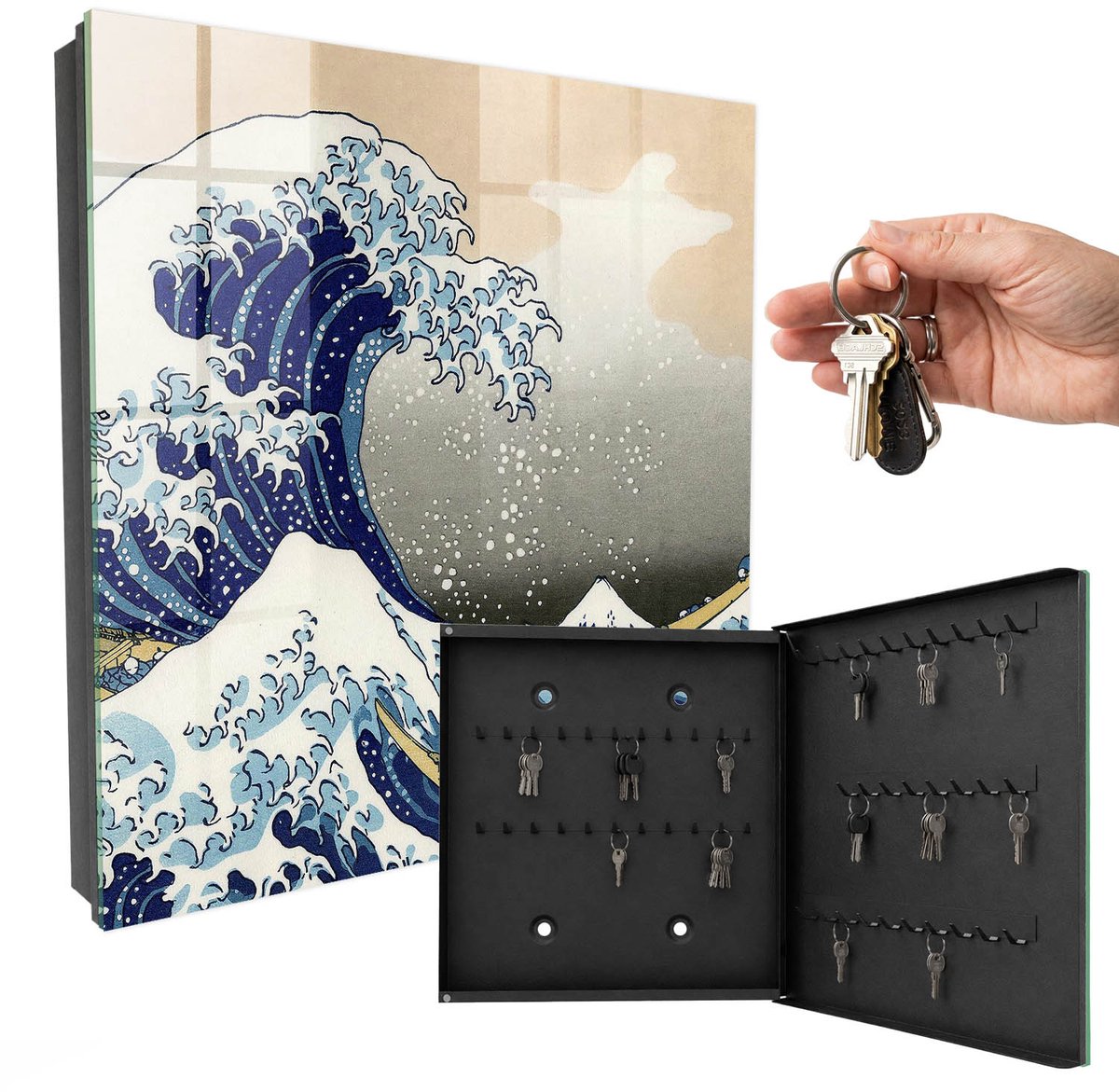 WallMuralia - Sleutelkast - 30x30x5 cm - met 50 haken - De Grote Golf Leuk Sleutelkastje - Blauw Sleutelbox - Rechtsopenend - Zwart interieur
