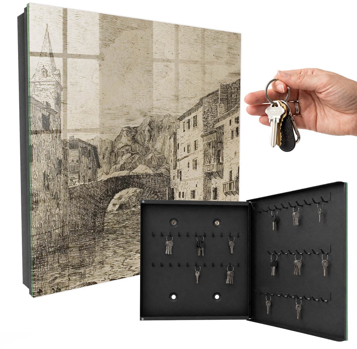 WallMuralia - Sleutelkast - 30x30x5 cm - met 50 haken - Oude Sfeer Sleutelkastje Huis - Beige Sleutelbox - Rechtsopenend - Zwart interieur