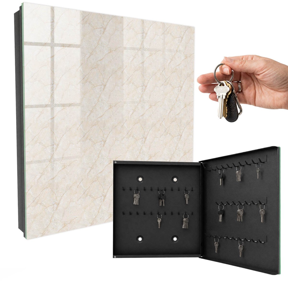 WallMuralia - Sleutelkast - 30x30x5 cm - met 50 haken - Marmeren Elegantie Sleutelkastje Hal - Beige Sleutelbox - Rechtsopenend - Zwart interieur