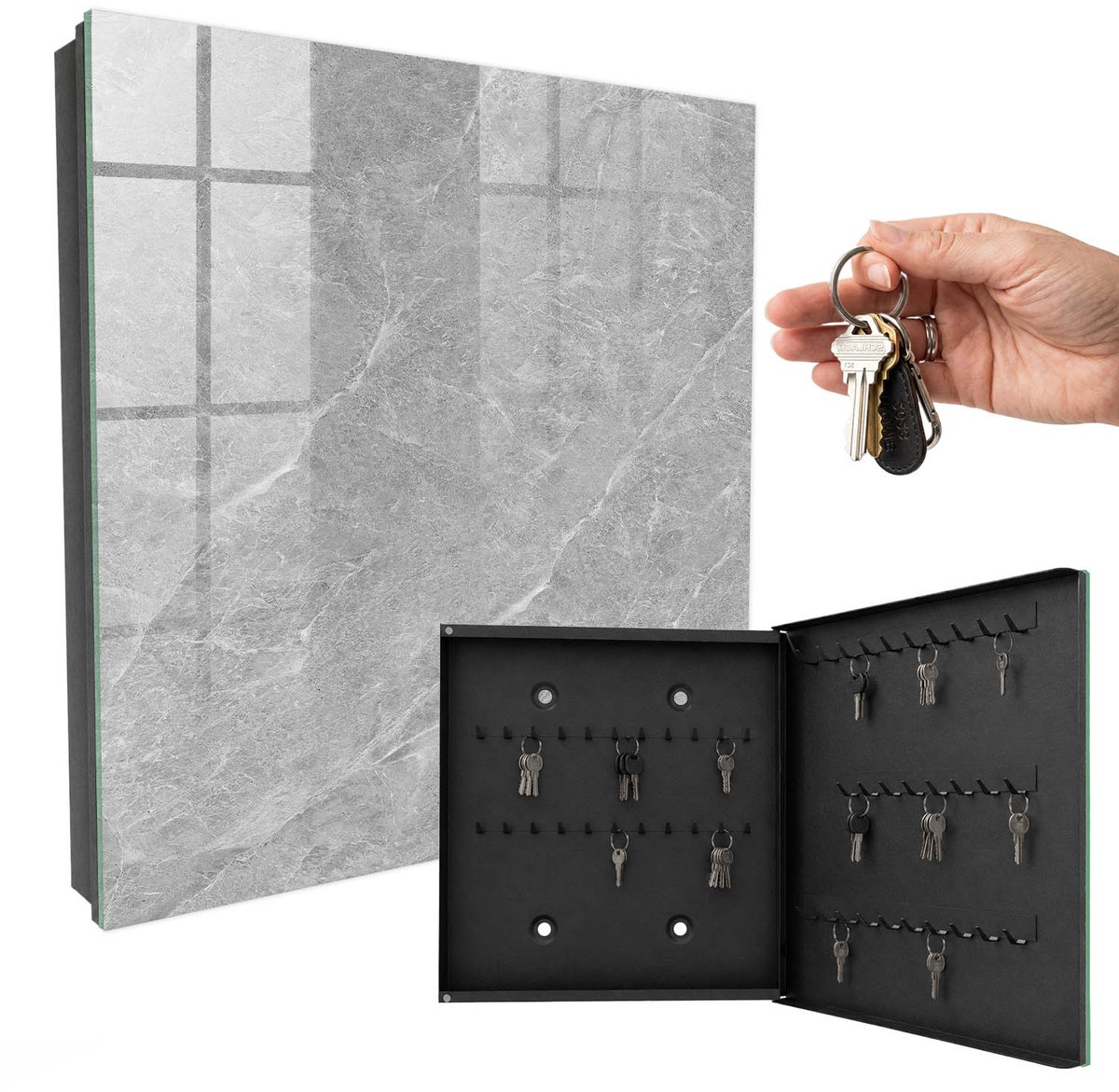 WallMuralia - Sleutelkast - 30x30x5 cm - met 50 haken - Marmertextuur Groot Sleutelkastje - Grijs Sleutelbox - Rechtsopenend - Zwart interieur