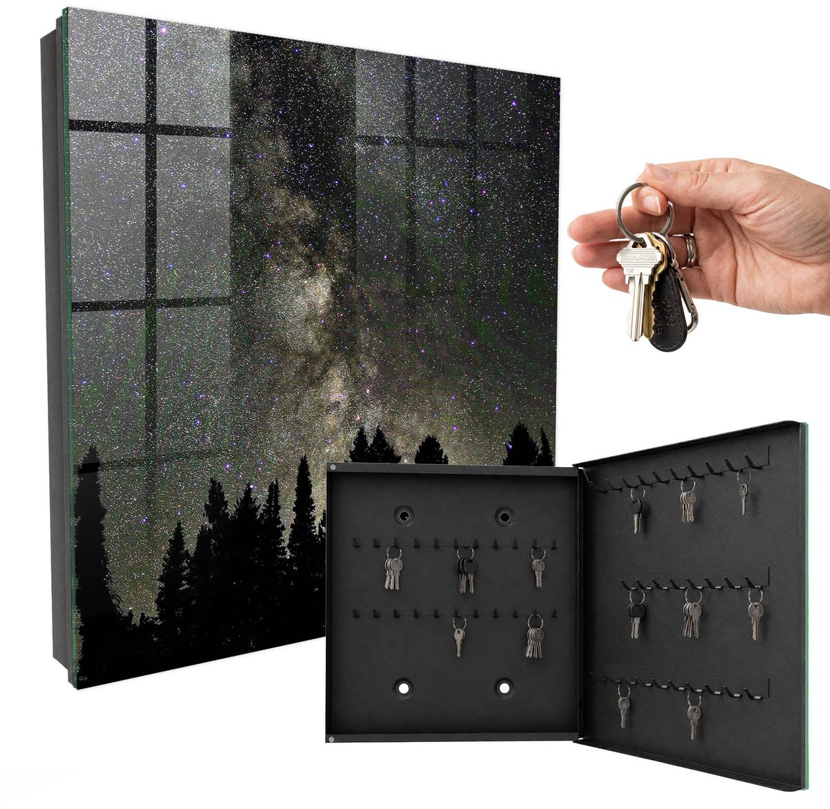 WallMuralia - Sleutelkast - 30x30x5 cm - met 50 haken - Sterrenhemel Sleutelkastje Industrieel - Zwart Sleutelbox - Rechtsopenend - Zwart interieur