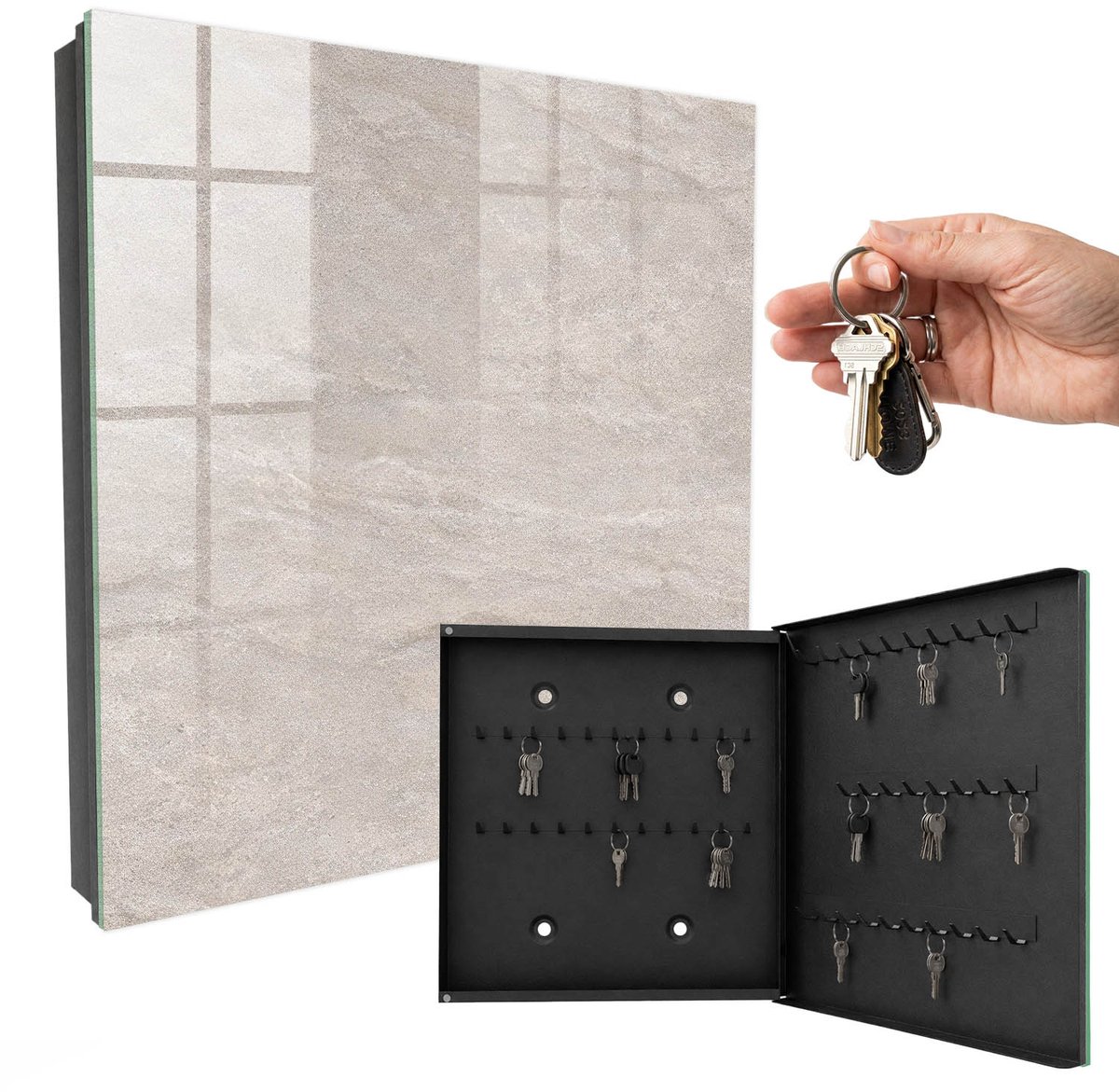 WallMuralia - Sleutelkast - 30x30x5 cm - met 50 haken - Natuurlijke Textuur Sleutelkastje Modern - Beige Sleutelbox - Rechtsopenend - Zwart interieur