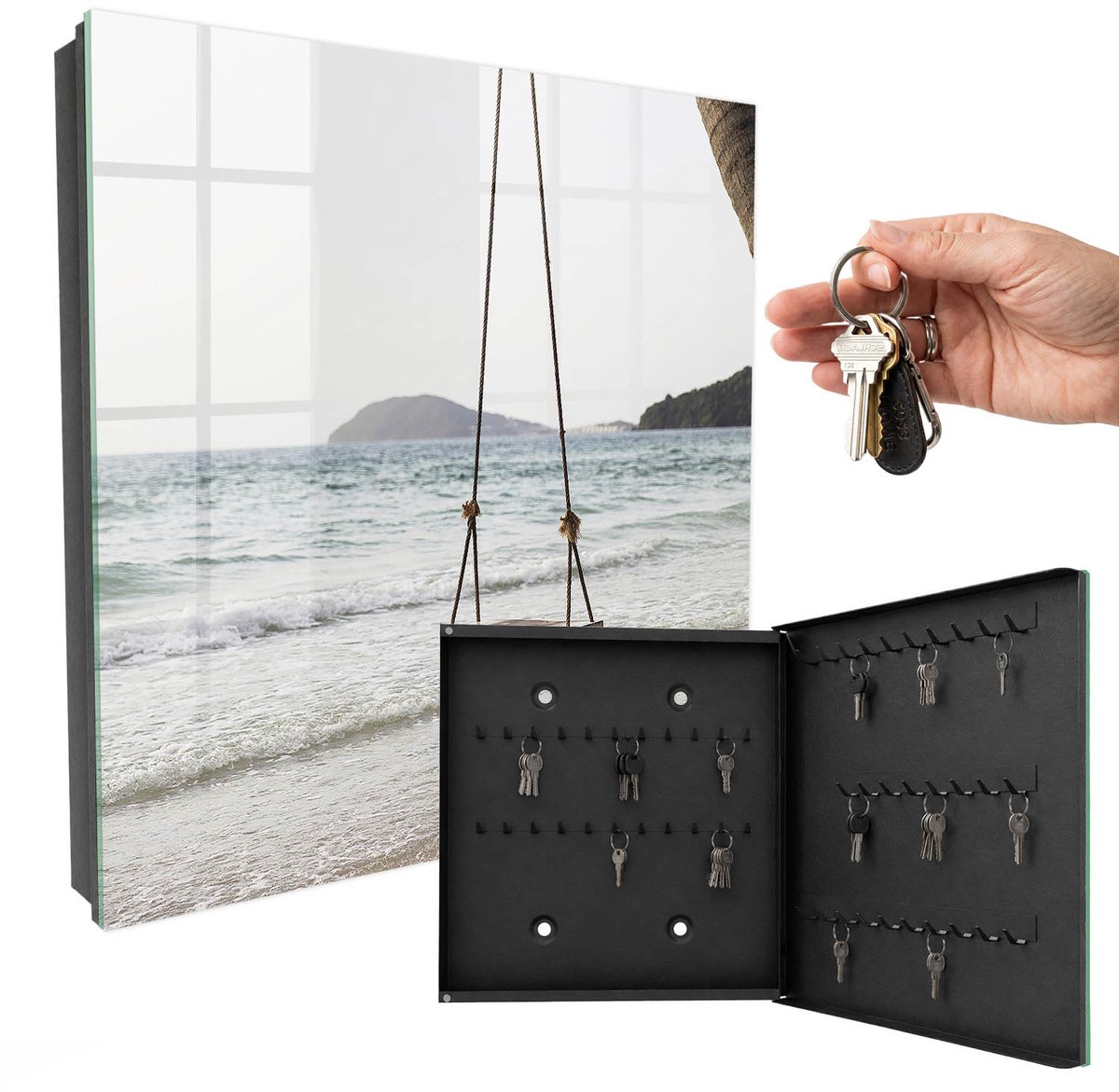 WallMuralia - Sleutelkast - 30x30x5 cm - met 50 haken - Idylle Aan Het Strand Sleutelkastje Landelijk - Wit Sleutelbox - Rechtsopenend - Zwart interieur