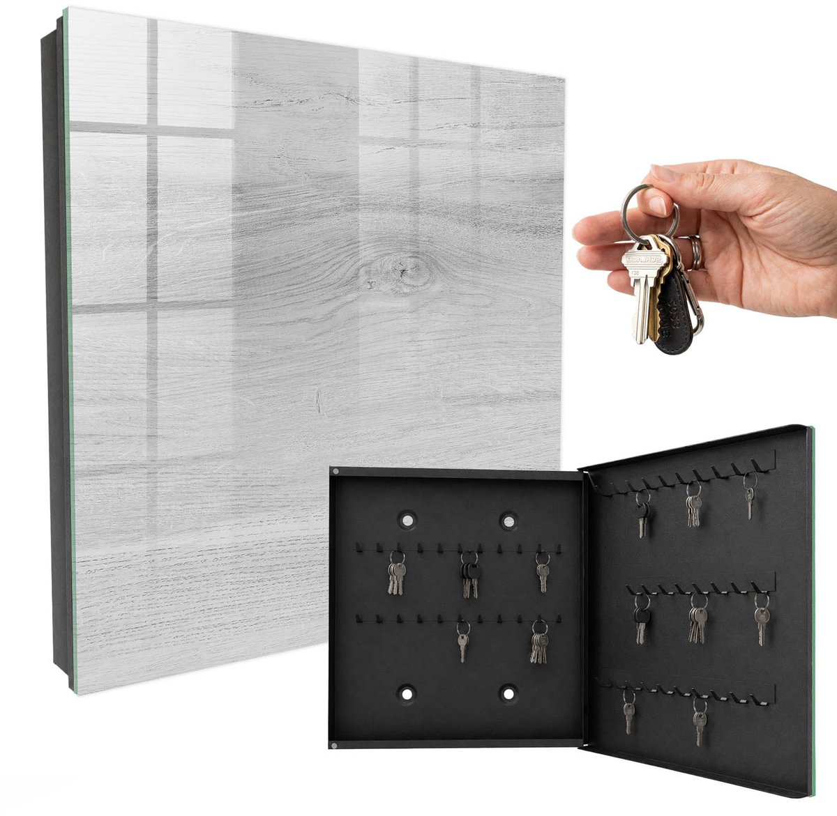 WallMuralia - Sleutelkast - 30x30x5 cm - met 50 haken - Houten Patronen Sleutelkastje Voor Binnen - Grijs Sleutelbox - Rechtsopenend - Zwart interieur