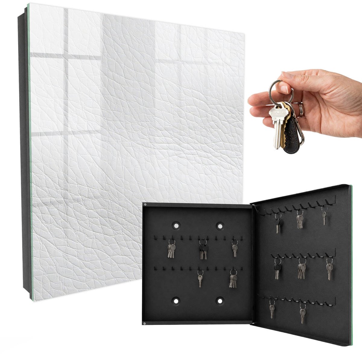 WallMuralia - Sleutelkast - 30x30x5 cm - met 50 haken - Lichte Huidtextuur Groot Sleutelkastje - Wit Sleutelbox - Rechtsopenend - Zwart interieur