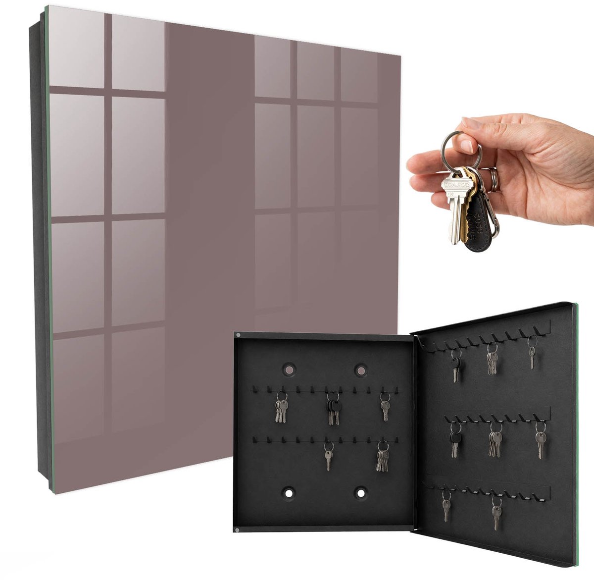 WallMuralia - Sleutelkast - 30x30x5 cm - met 50 haken - Asbruin Sleutelkastje Industrieel - Bruin Sleutelbox - Rechtsopenend - Zwart interieur