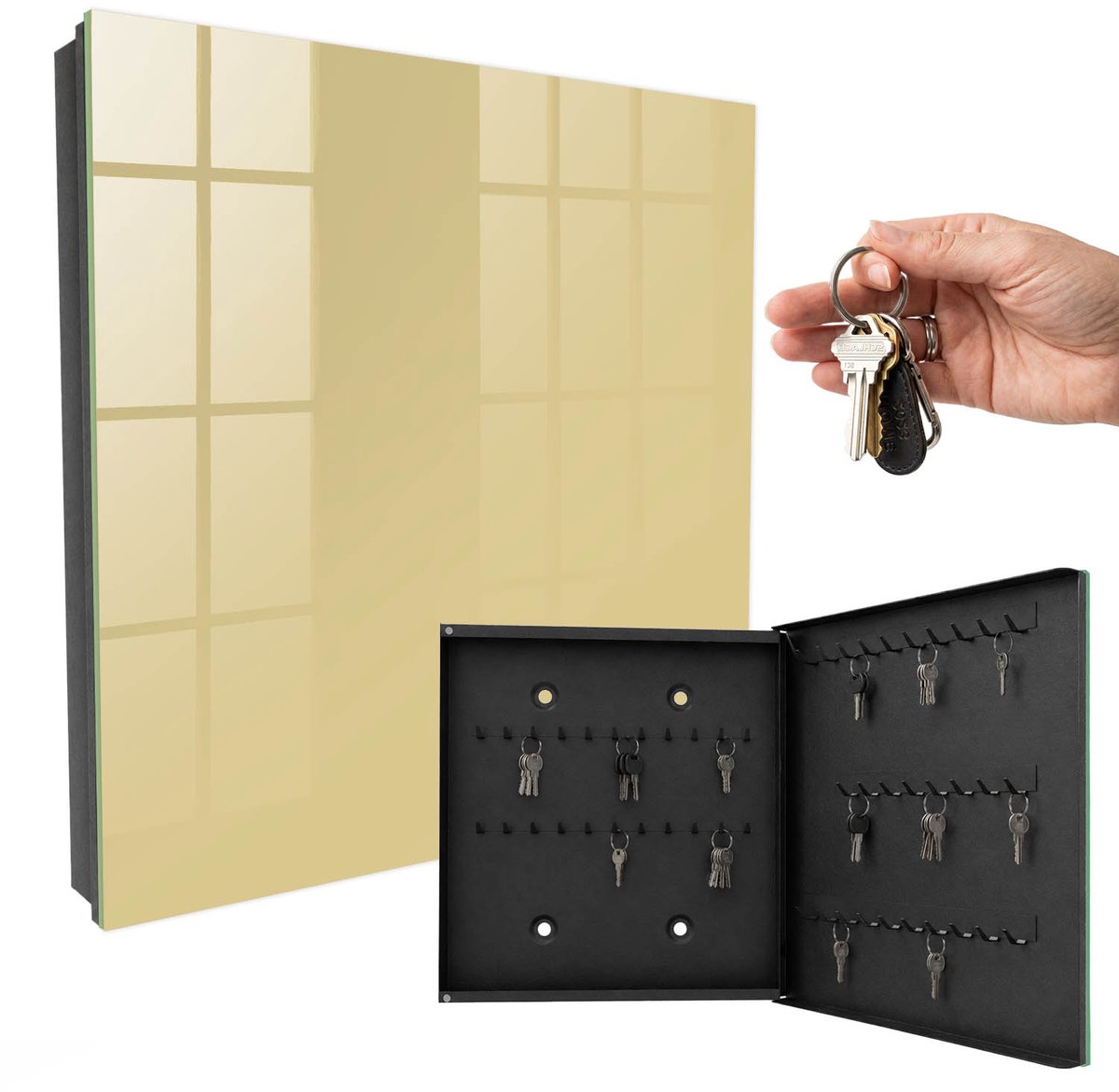 WallMuralia - Sleutelkast - 30x30x5 cm - met 50 haken - Mosterdkleur Groot Sleutelkastje - Romig Sleutelbox - Rechtsopenend - Zwart interieur