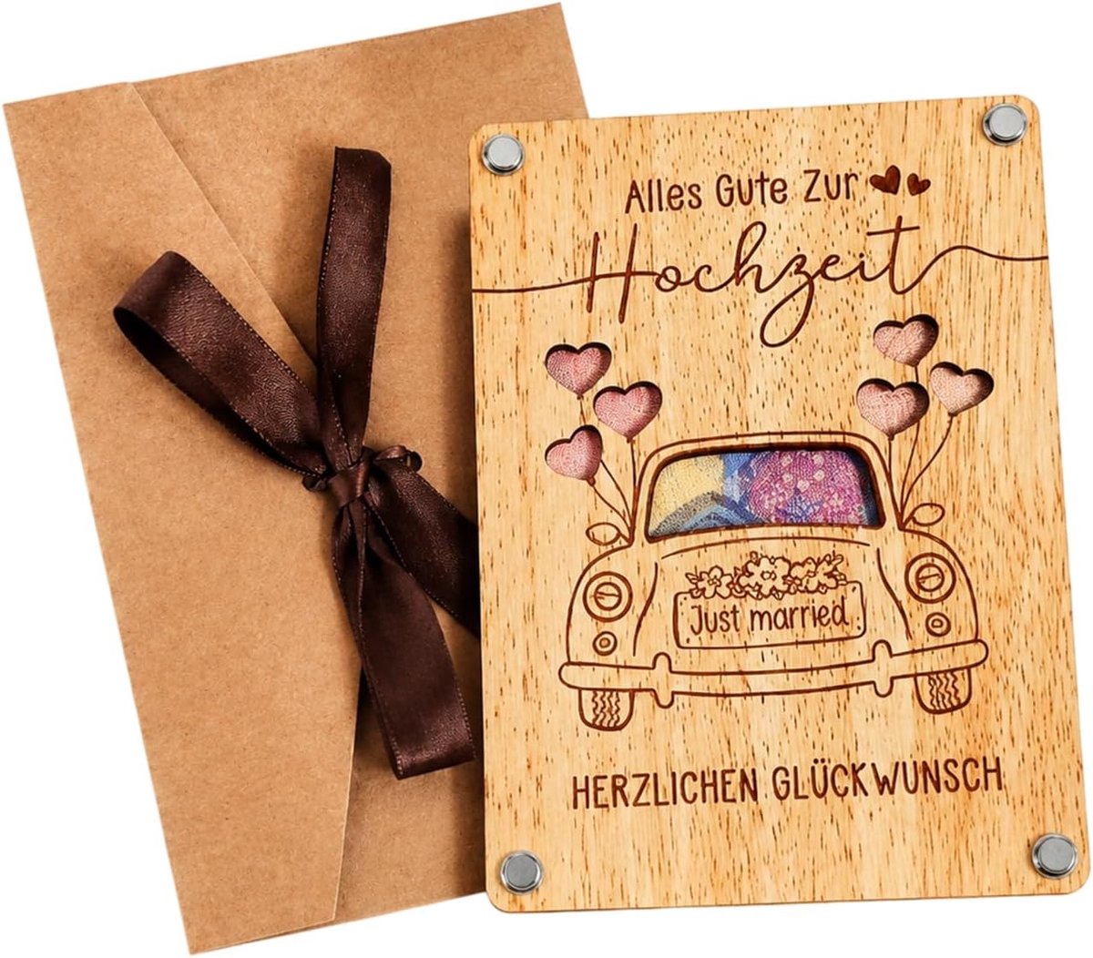 Set met envelop en kaart, vintage houten Just Married, geldcadeau