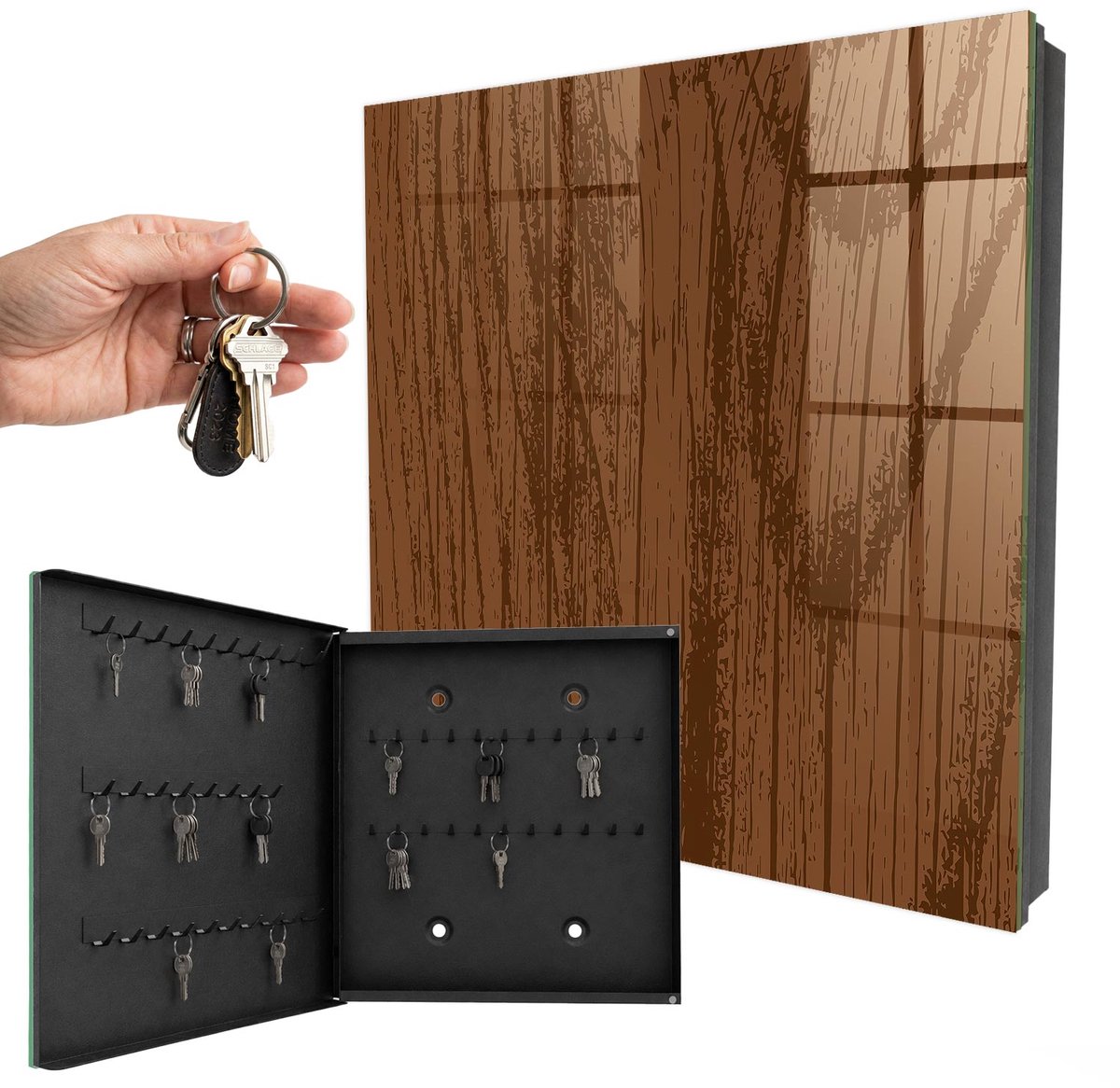 WallMuralia - Sleutelkast - 30x30x5 cm - met 50 haken - Houten Draden Sleutelkastje Hal - Bruin Sleutelbox - Linksopenend - Zwart interieur