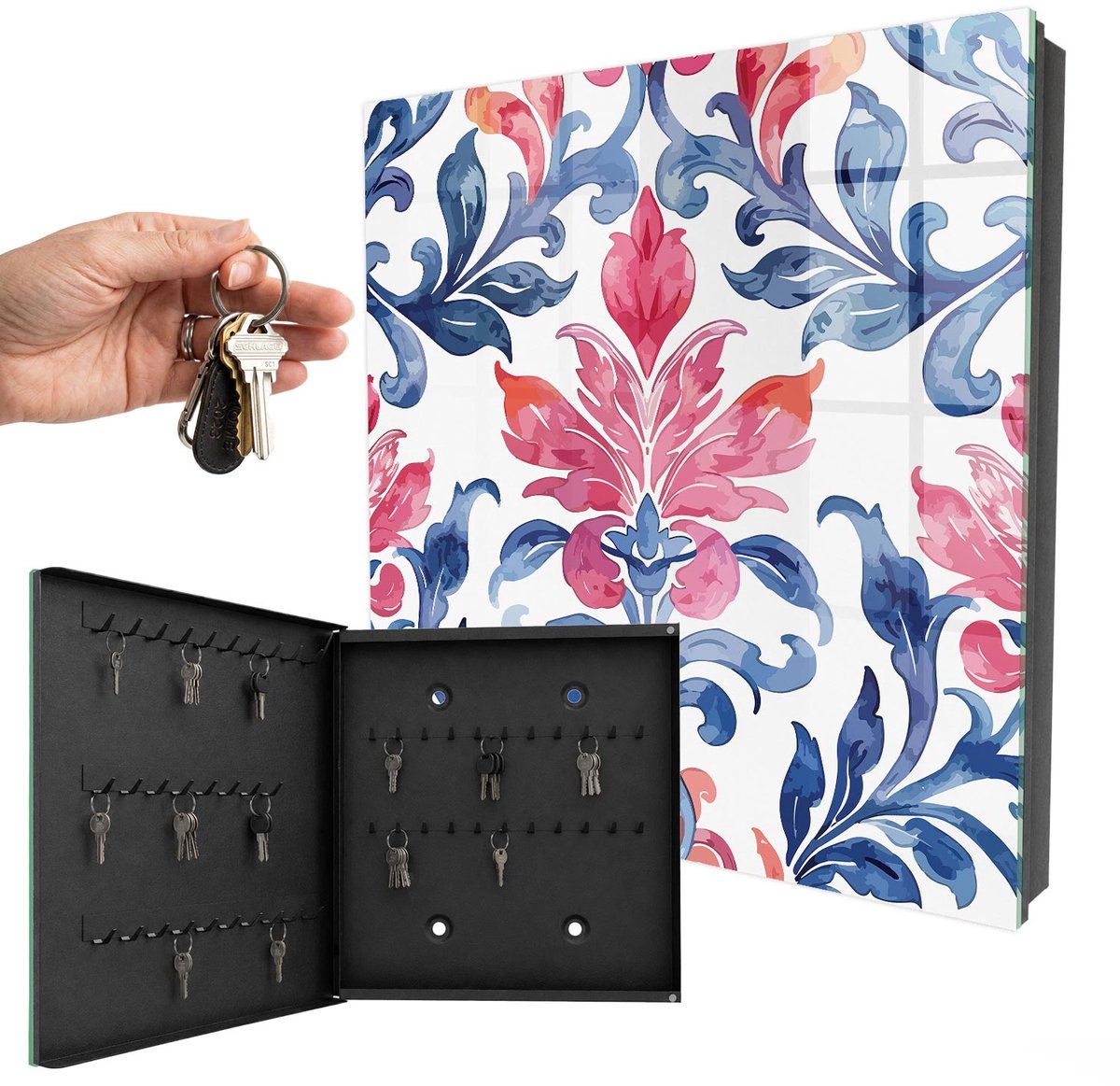 WallMuralia - Sleutelkast - 30x30x5 cm - met 50 haken - Kleurrijke Versieringen Sleutelkastje Huis - Blauw Sleutelbox - Linksopenend - Zwart interieur