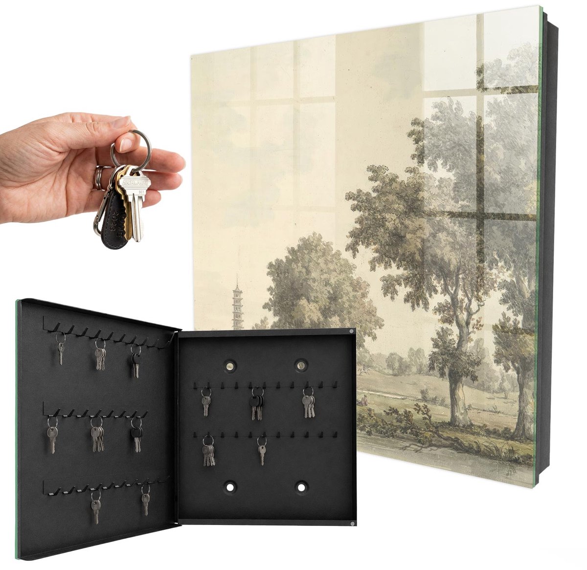 WallMuralia - Sleutelkast - 30x30x5 cm - met 50 haken - Park Met Een Pagode Sleutelkastje Klein - Groente Sleutelbox - Linksopenend - Zwart interieur