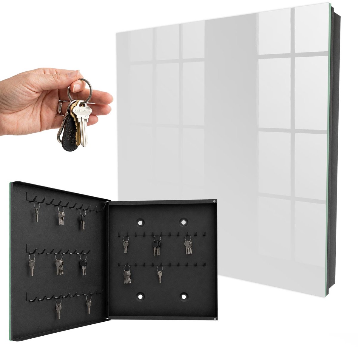 WallMuralia - Sleutelkast - 30x30x5 cm - met 50 haken - Grijze Kleur Sleutelkastje Design - Grijs Sleutelbox - Linksopenend - Zwart interieur