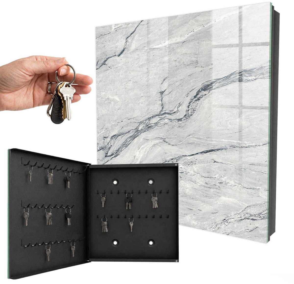 WallMuralia - Sleutelkast - 30x30x5 cm - met 50 haken - Steenpatroon Sleutelkastje Voor Binnen - Grijs Sleutelbox - Linksopenend - Zwart interieur