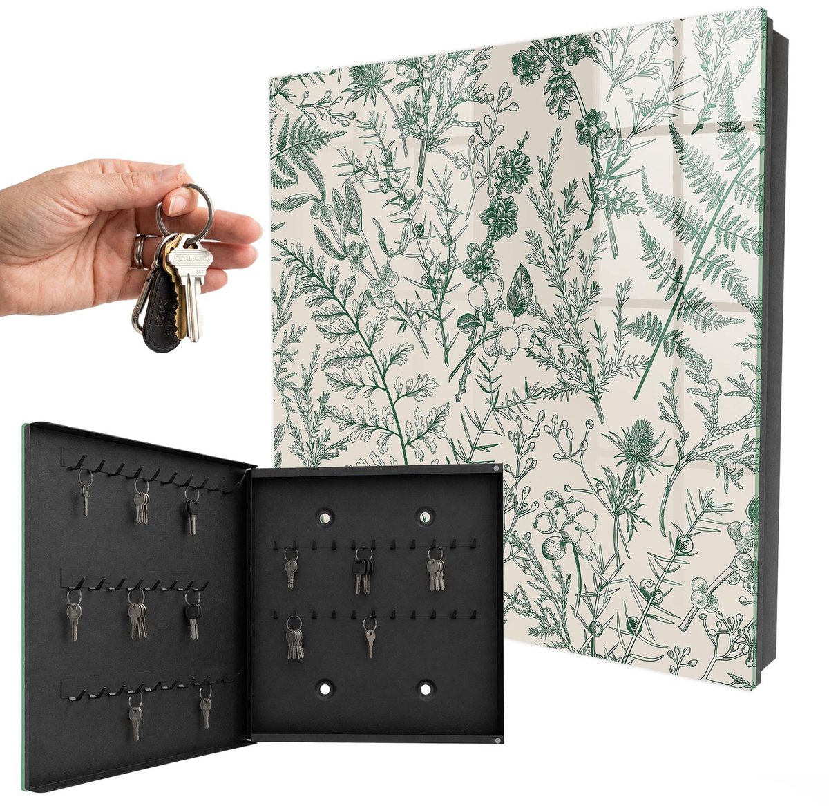 WallMuralia - Sleutelkast - 30x30x5 cm - met 50 haken - Plantmotieven Sleutelkastje Landelijk - Romig Sleutelbox - Linksopenend - Zwart interieur